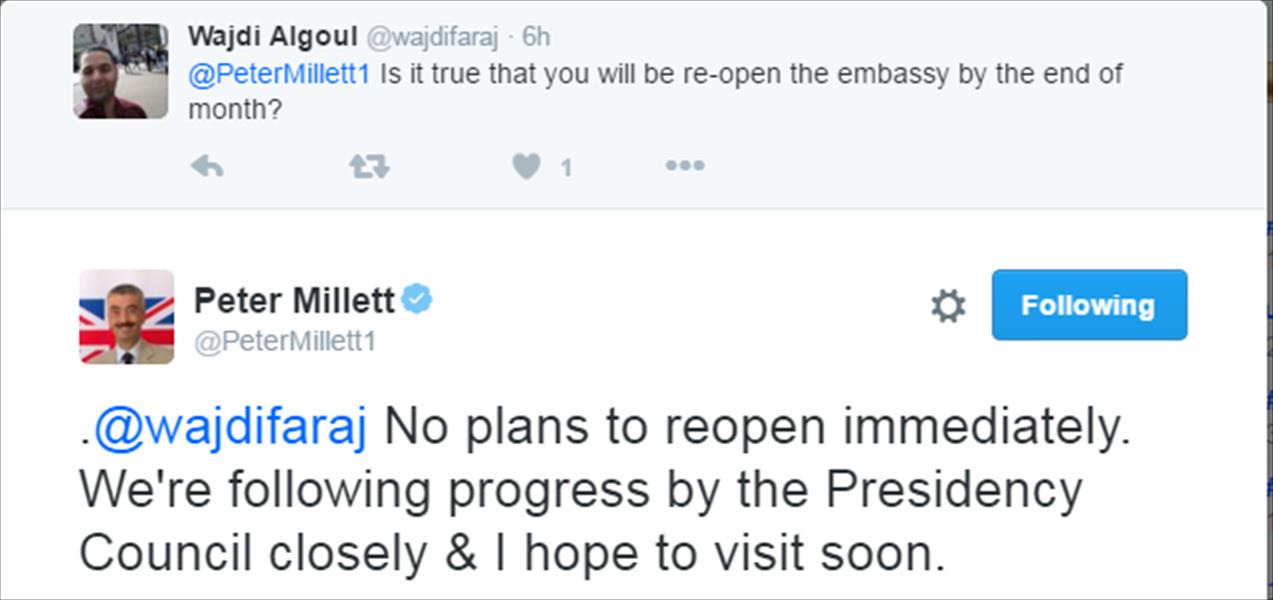السفير البريطاني يأمل زيارة طرابلس في أقرب وقت