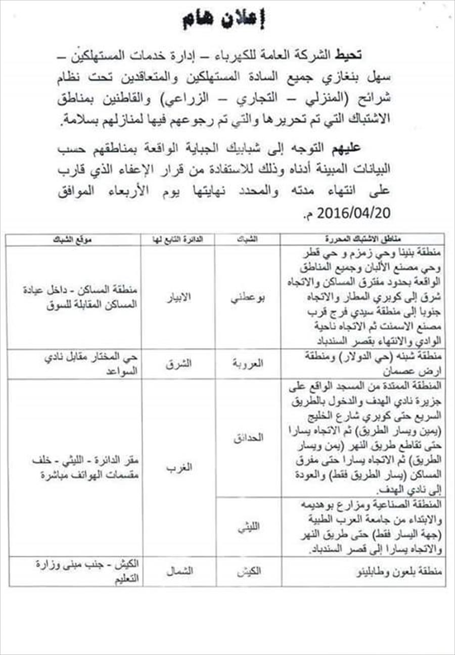 «كهرباء بنغازي»: 20 أبريل آخر موعد لإعفاء سكان المناطق المحررة من سداد الفواتير