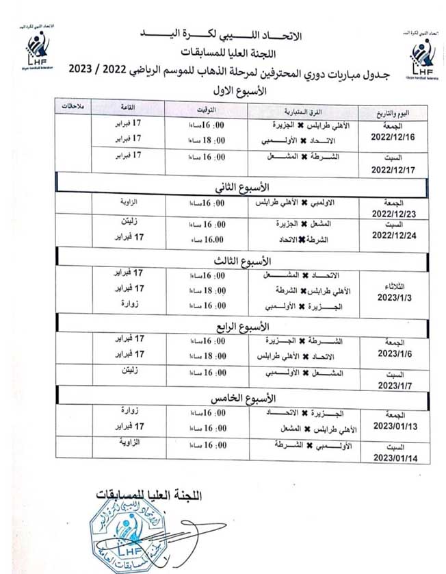جدول مواعيد الجولة الأولى لدوري كرة اليد ضمن المجموعة الأولى للموسم الرياضي 2022- 2023. (صفحة الاتحاد الليبي لكرة اليد بفيسبوك)