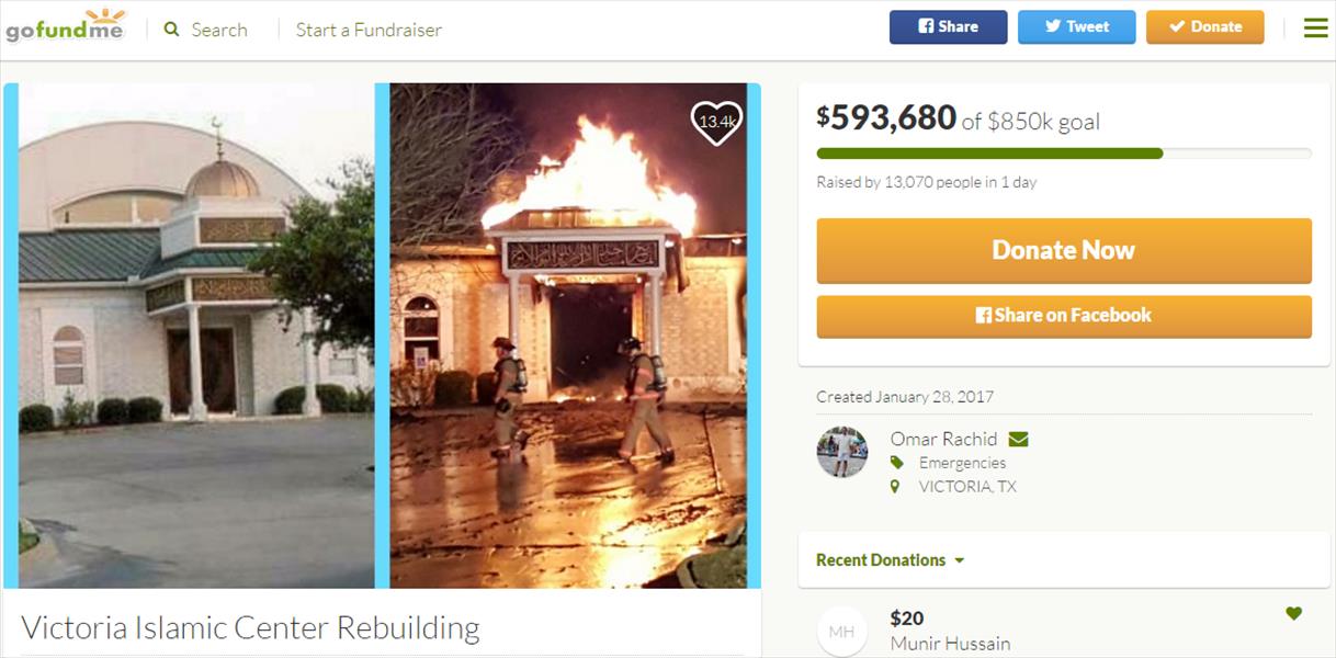 =====آلاف الأميركيين يتبرعون لإعادة بناء المسجد المحروق بتكساس
