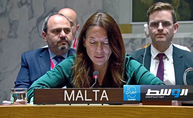 مندوبة مالطا تتحدث خلال جلسة لمجلس الأمن بشأن ليبيا، 31 مايو 2024. (صورة مثبتة من فيديو: مجلس الأمن)