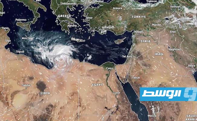 صورة تظهر تشكل العاصفة «دانيال» فوق ليبيا. (شبكة إيه بي سي الأميركية)