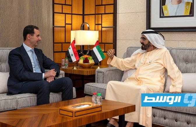 لقاء الشيخ محمد بن راشد والرئيس بشار الأسد في دبي، الجمعة 18 مارس 2022. (الرئاسة السورية)
