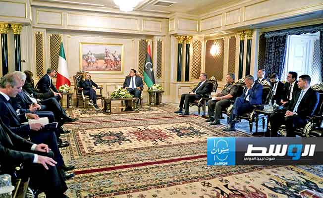 لقاء المنفي وميلوني في طرابلس، الثلاثاء 7 مايو 2024. (المجلس الرئاسي)