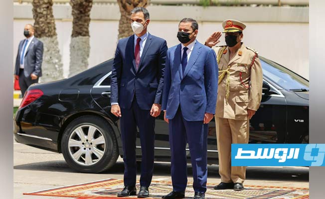 الدبيبة يستقبل نظيره الإسباني بمقر رئاسة الوزراء في طرابلس، 3 يونيو 2021. (الإنترنت)