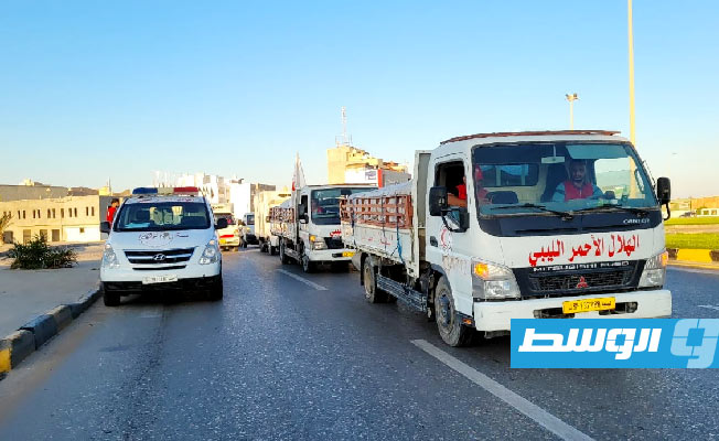 قافلة الهلال الأحمر الإغاثية المتجهة من العاصمة إلى المنطقة الشرقية، 13 سبتمبر 2023. (الجمعية فرع طرابلس)