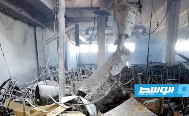 الأضرار الناجمة عن الانفجار الذي وقع بمخزن الأكاديمية البحرية في جنزور غرب طرابلس. (أكاديمية الدراسات البحرية)