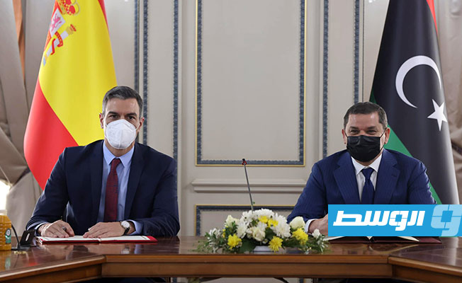 الدبيبة ورئيس الوزراء الإسباني خللال اجتماع مسؤولي حكومة الوحدة الوطنية مع الوفد الإسباني، طرابلس 3 يونيو 2021. (حكومة الوحدة الوطنية)