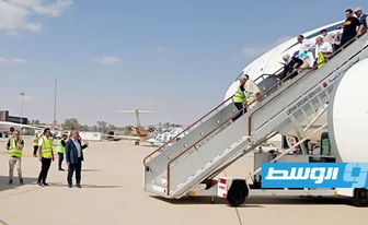 وصول أولى طائرات مصر للطيران إلى مطار مصراتة، 16 أغسطس 2023 (مطار مصراتة الدولي على فيسبوك)