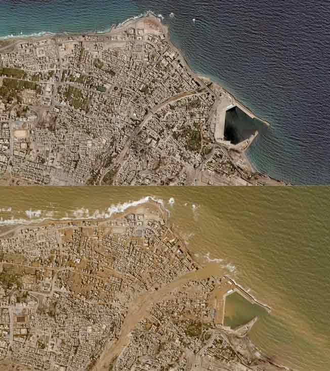 صورتان بالأقمار الصناعية تظهران الفارق بين درنة قبل وبعد العاصفة «دانيال»، 12 سبتمبر 2023. ( بلانيت لابز)