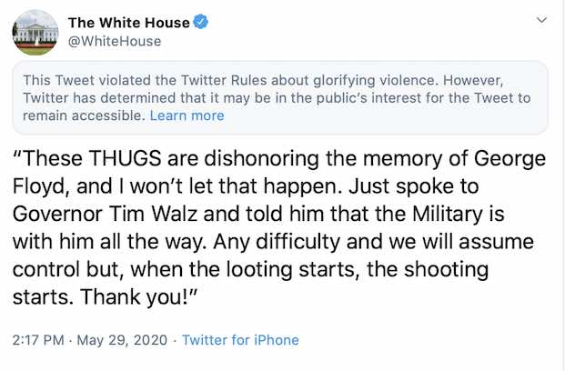 موقع «تويتر» يضع إشارة تحذيرية على تغريدة نشرها حساب البيت الأبيض صباح الجمعة, 29 مايو 2020. (توتير)