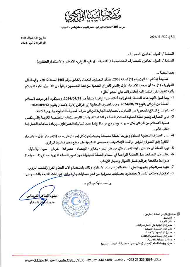 خطاب من إدارة الإصدار بالمصرف المركزي إلى المصارف التجارية والمتخصصة بشأن ترتيبات سحب الخمسين دينار من التداول (مصرف ليبيا المركزي)