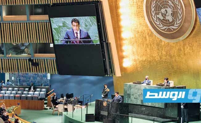 المنفي يلقي كلمة ليبيا خلال الجمعية العامة للأمم المتحدة، 23 سبتمبر 2021. (المكتب الإعلامي لرئيس المجلس الرئاسي)