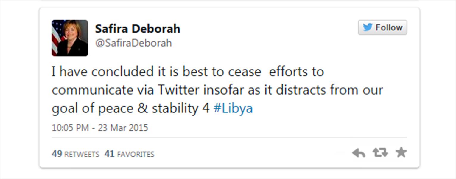 بعد أزمة «تغريدة ترهونة»: السفيرة الأميركية ديبورا جونز تودع «تويتر»