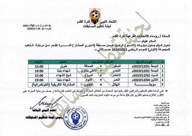 جدول مباريات الأسبوع الرابع من منافسات المجموعة الأولى لمسابقة الدوري الليبي الممتاز. (صفحة لجنة تنظيم المسابقات بالاتحاد الليبي لكرة القدم)