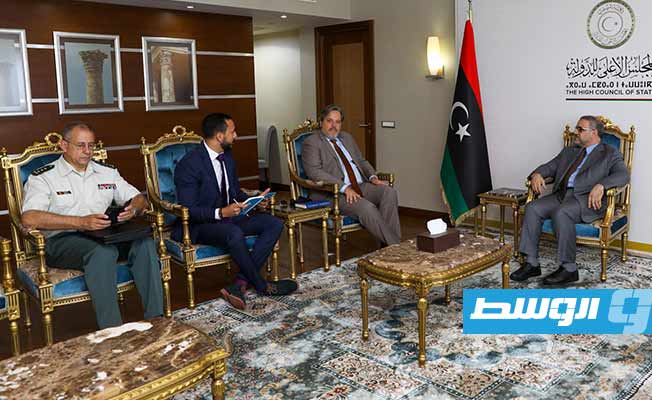 لقاء المشري وسفير بلجيكا لدى ليبيا ريستوف دو باسومبيير، الأحد 12 يونيو 2022. (المجلس الأعلى للدولة)