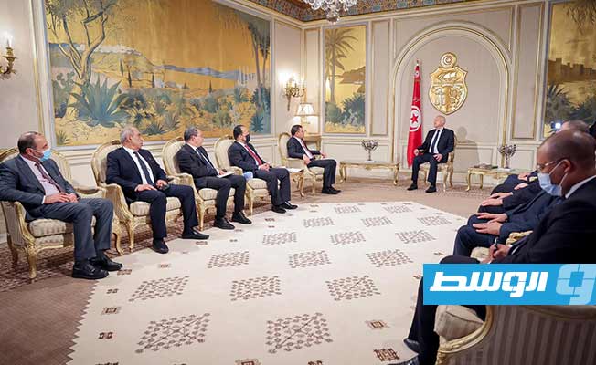 لقاء الدبيبة والوفد المرافق له مع الرئيس التونسي قيس سعيد بقصر قرطاج، الخميس 9 سبتمبر 2021. (حكومة الوحدة الوطنية)
