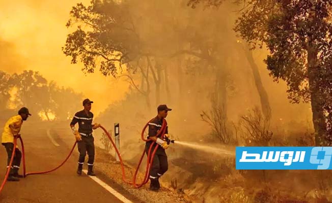 رجال الإطفاء يكافحون حريق شب في غابة بالقرب من مدينة القصر الكبير المغربية في منطقة العرائش. (الإنترنت)