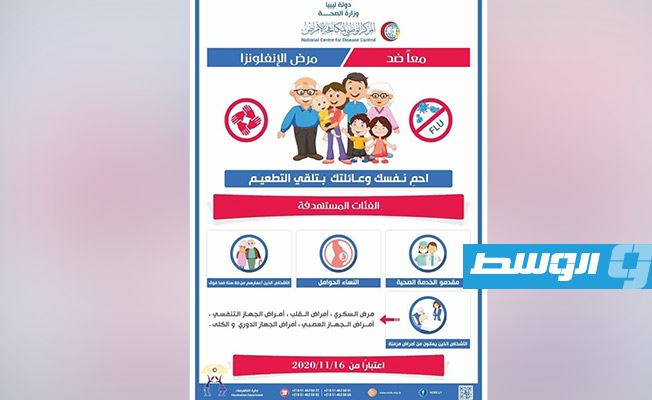 منشور توعوي خاص بحملة الإنفلونزا الموسمية التي تنطلق في بنغازي في 16 نوفمبر 2020. (إدارة الخدمات الصحية بنغازي)