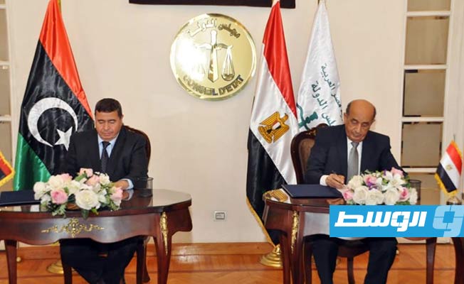 مراسم توقيع مذكرة التفاهم بين المجلس الأعلى للقضاء ومجلس الدولة المصري، الأربعاء 22 سبتمبر 2021. (السفارة الليبية بالقاهرة)