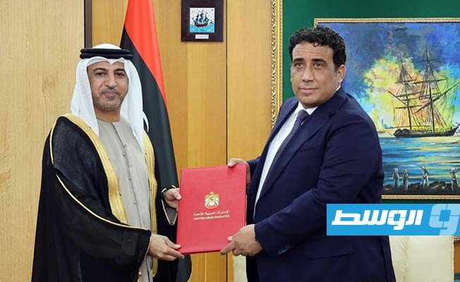 المنفي يتسلم أوراق اعتماد السفير الإماراتي الجديد لدى ليبيا