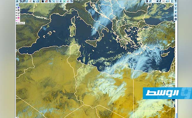 صورة بالأقمار الصناعية للسحب الممطرة عند الساعة 11:15 صباحا، 11 مارس 2020 (الإنترنت).