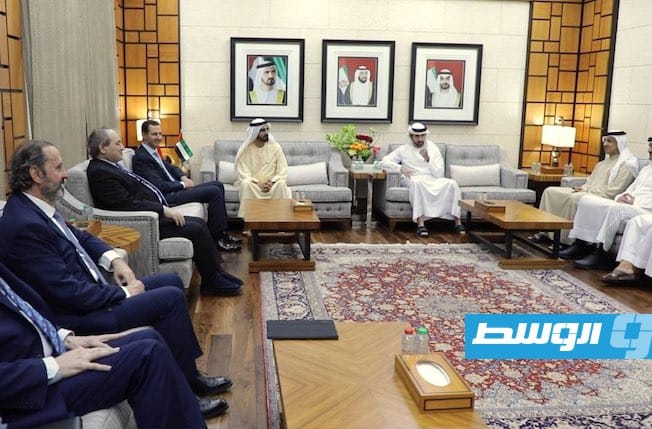 لقاء الشيخ محمد بن راشد والرئيس بشار الأسد في دبي، الجمعة 18 مارس 2022. (الرئاسة السورية)