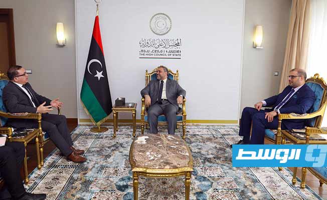 لقاء المشري وسفير مالطا تشارلز صليبا في طرابلس، الإثنين 28 مارس 2022. (المجلس الأعلى للدولة)
