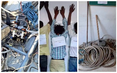 ثلاثة أشخاص من العمالة الوافدة جرى ضبطهم وهم يقومون بسرقة كوابل وأسلاك النحاس الخاصة بالشركة العامة للكهرباء (وزارة الداخلية).