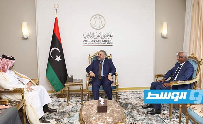 رئيس المجلس الأعلى للدولة خالد المشري والسفير القطري خالد الدوسري خلال لقاء بالعاصمة طرابلس، 27 ديسمبر 2021. (مجلس الدولة)