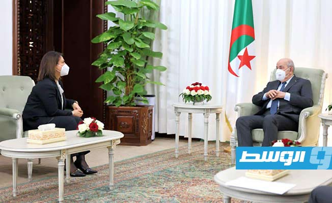 لقاء الرئيس عبدالمجيد تبون مع المنقوش بمقر الرئاسة الجزائرية، الخميس 7 أبريل 2022. (الخارجية الليبية)