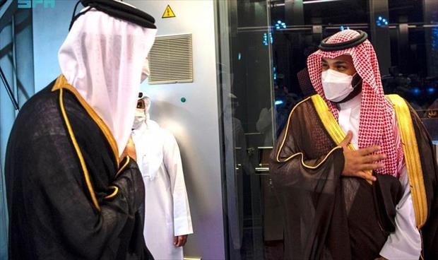 استقبال الأمير محمد بن سلمان لأمير دولة قطر تميم بن جمد في جدة. (واس)