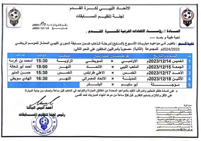مباريات الأسبوع السابع للمجموعة الثانية في الدوري الليبي. (صفحة لجنة تنظيم المسابقات عبر فيسبوك)