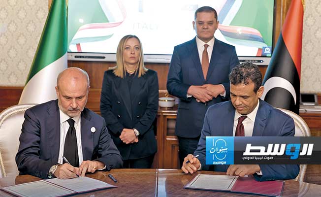 الدبيبة وميلوني يشهدان توقيع مذكرات تفاهم بين ليبيا وإيطاليا، الثلاثاء 7 مايو 2024. (حكومتنا)