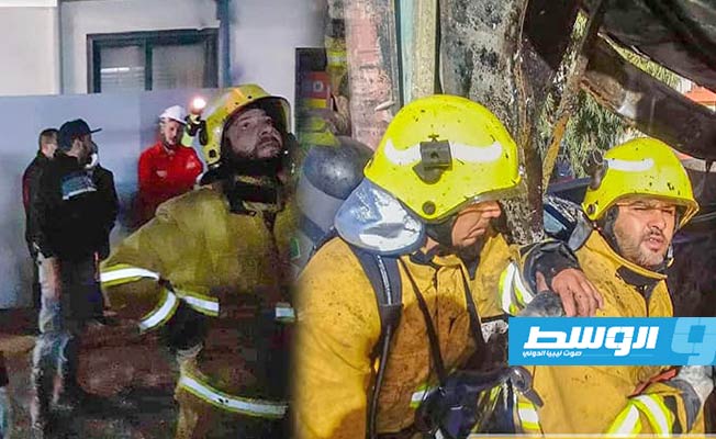 عمال شركة مليتة خلال إخمادهم لحريق شركة أكاكوس، 5 مارس 2020. (صفحة الشركة على فيسبوك)