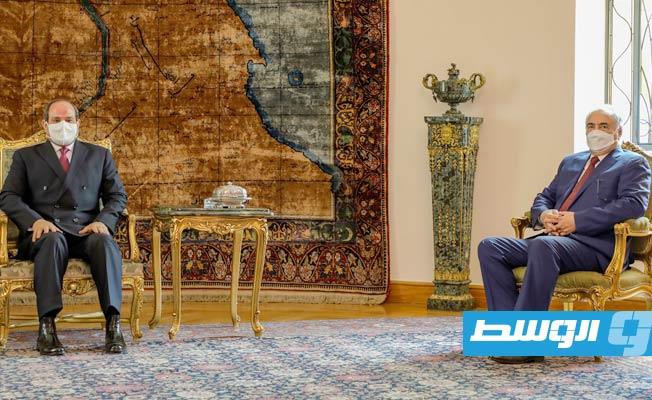 لقاء السيسي مع حفتر وعقيلة بقصر الاتحادية في القاهرة. الأربعاء 23 سبتمبر 2020. (إعلام القيادة العامة)
