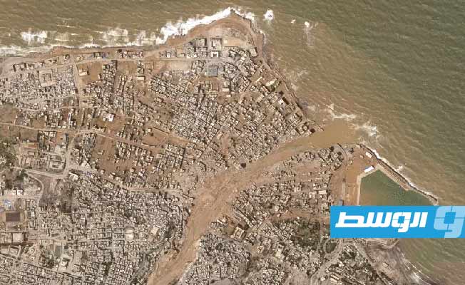 صورة للأقمار الصناعية تكشف حجم الدمار الذي خلفته العاصفة «دانيال» في ليبيا. (جريدة ذا غارديان)
