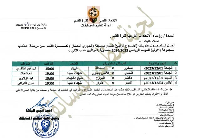 مباريات الأسبوع الرابع من مسابقة الدوري الليبي للمجموعة الأولى. (صفحة لجنة تنظيم المسابقات عبر فيسبوك)