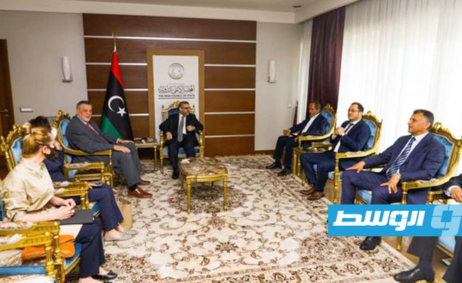 لقاء المشري وأعضاء المجلس الأعلى للدولة مع كوبيش في طرابلس، الثلاثاء 25 مايو 2021. (المجلس الأعلى للدولة)