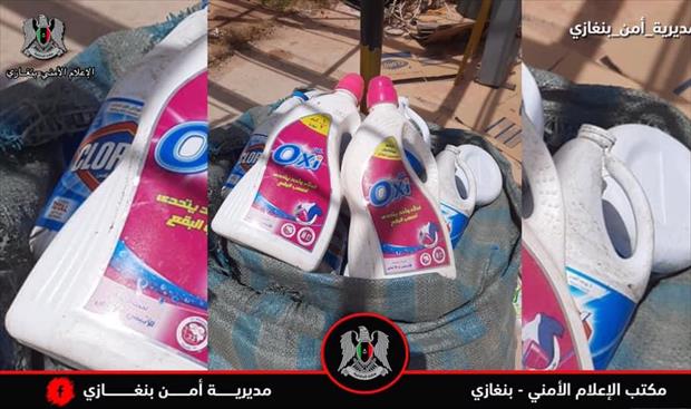 مواد تنظيف مغشوشة بعد ضبطها في بنغازي، 22 مايو 2020. (مديرية أمن بنغازي)