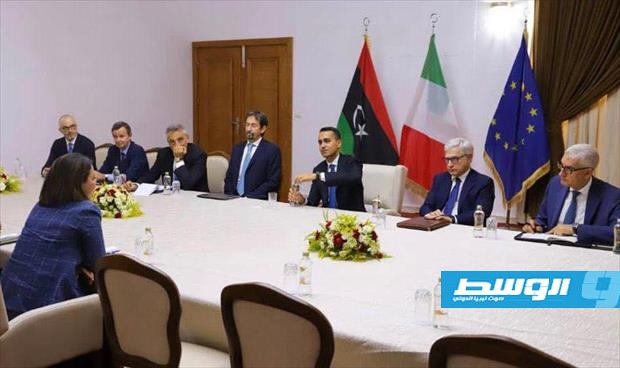 اجتماع المنقوش مع دي مايو والوفد المرافق له في بنغازي. الإثنين 2 أغسطس 2021. (وزارة الخارجية الليبية)