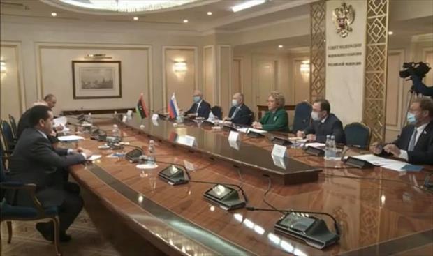 عقيلة صالح والوفد المرافق له خلال لقاء المسؤولة الروسية في موسكو، 3 يوليو 2020. (خارجية الموقتة)