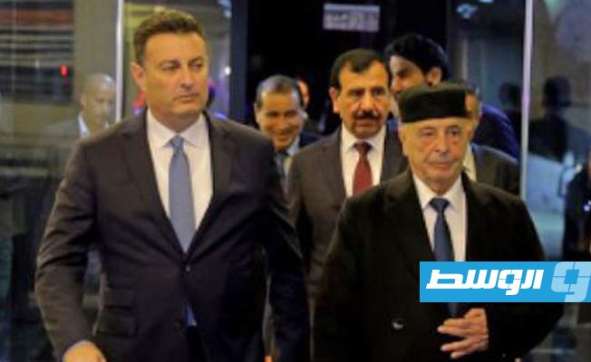 استقبال عقيلة صالح لدى وصوله العاصمة الأردنية عمان، الإثنين 13 مارس 2023. (مجلس النواب)