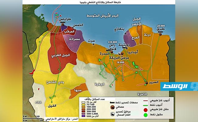 خريطة توزيع حقول النفط والسكان في ليبيا (مركز الأبحاث الاستراتيجية والأمنية الأميركي «ستراتفور»)