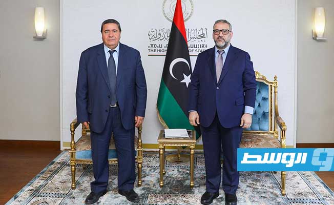 لقاء المشري ورئيس المحكمة العليا المستشار محمد الحافي بمقر المجلس الأعلى للدولة في طرابلس، الإثنين 23 مايو 2022. (المكتب الإعلامي)
