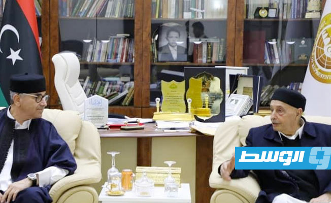 رئيس مجلس النواب المستشار عقيلة صالح يستقبل رئيس الحكومة المكلفة فتحي باشاغا. (صفحة الحكومة المكلفة على فيسبوك)