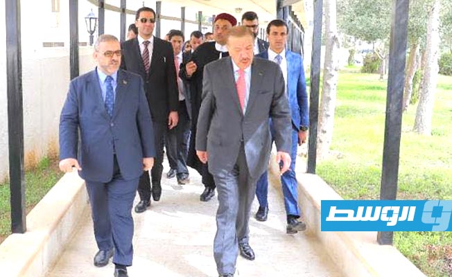 خالد المشري، مع رئيس مجلس النواب الأردني عبدالكريم الدغمي, 8 مارس 2022. (المجلس الأعلى للدولة)