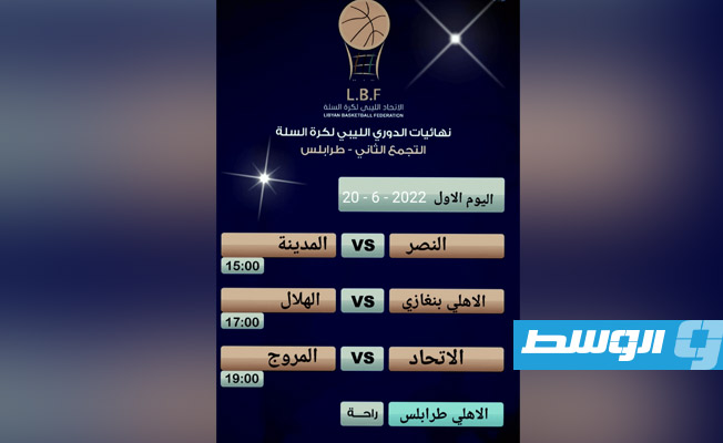 جدول مباريات اليوم الأول، في مرحلة الإياب من نهائيات الدوري الليبي لكرة السلة. (حساب اتحاد السلة على فيسبوك)