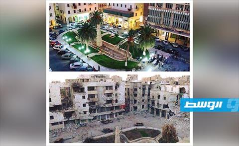 ميدان السلفيوم قبل وبعد الحرب فى مدينة بنغازي (فيسبوك)