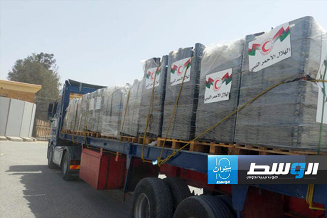 مساعدات ليبية في طريقها إلى غزة، 25 أبريل 2024. (الهلال الأحمر الليبي)